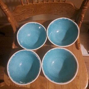 NEW AQUA/WHITE SET OF 4 MELAMINE CEREAL/SOUP/ SALAD BOWLS, 6 3/4" X 2.5"